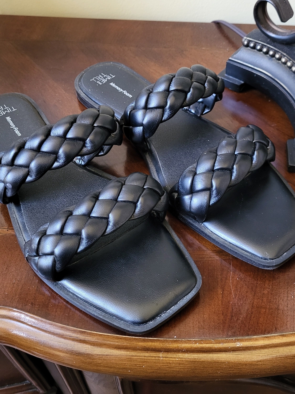 Time and Tru Black Braided Double-Strap Slide Sandals